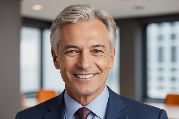 Photo happy mid aged older business man executive standing in office smiling 50 year old mature confident professional manager confident businessman investor looking at camera headshot close up portrait