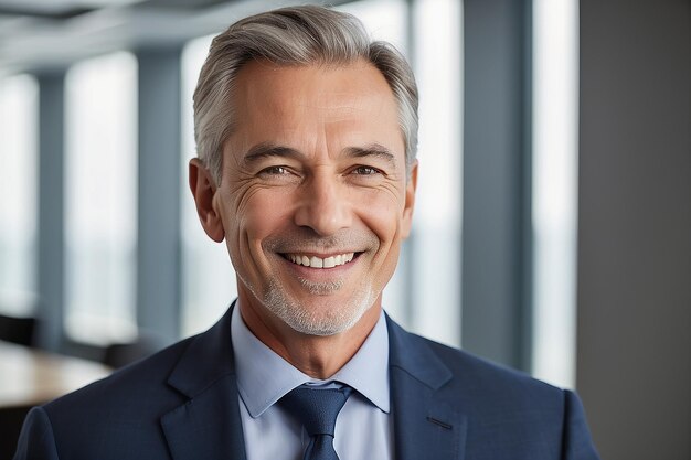 Photo happy mid aged older business man executive standing in office smiling 50 year old mature confident professional manager confident businessman investor looking at camera headshot close up portrait