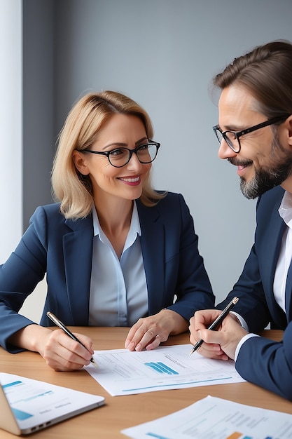 Photo happy middle aged business woman account manager discussing documents financial result project overview at office meeting two professional executives holding tax papers consulting working together