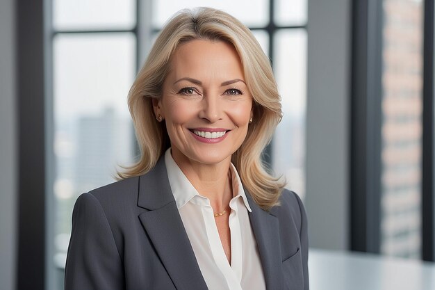 Happy middle aged business woman attorney smiling 45 years old lady entrepreneur mature female professional executive manager leader standing in office looking at camera Headshot portrait