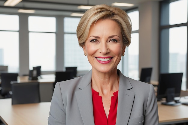 Happy middle aged business woman attorney smiling 45 years old lady entrepreneur mature female professional executive manager leader standing in office looking at camera Headshot portrait