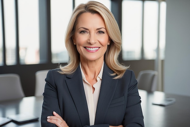 Happy middle aged business woman attorney smiling 45 years old lady entrepreneur mature female professional executive manager leader standing in office looking at camera Headshot portrait