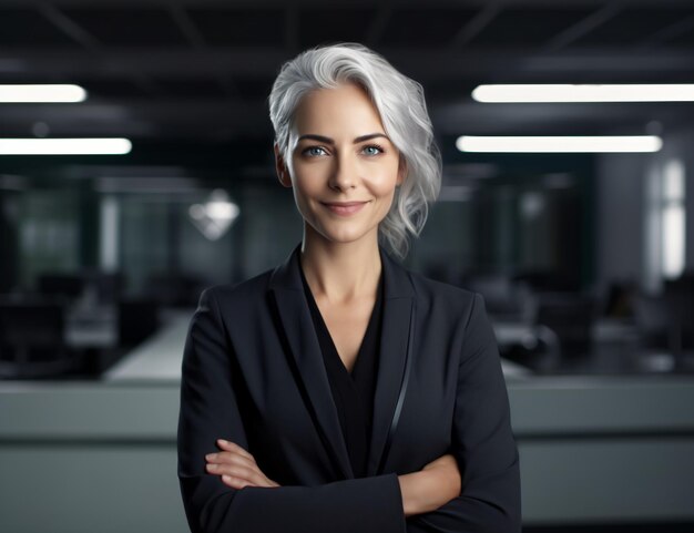 Happy middle aged business woman ceo standing in office arms crossed professional executive manager