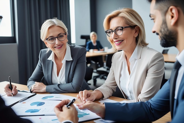 Photo happy middle aged business woman executive ceo leader discussing project management planning strategy working with diverse colleagues company team at office corporate board group meeting