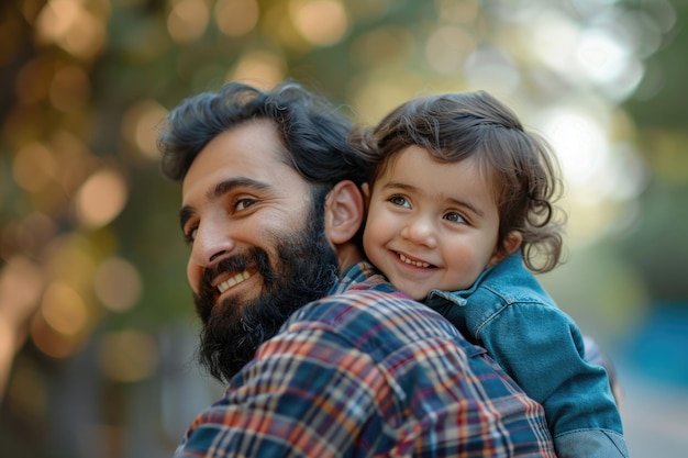 Happy Middle Eastern child enjoys piggyback ride from father