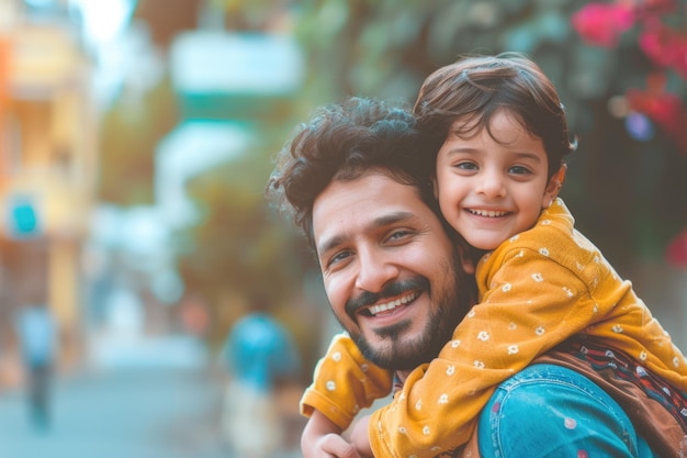 Happy Middle Eastern child enjoys piggyback ride from father