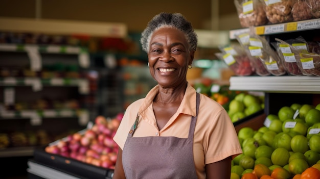 A happy middleaged AfricanAmerican saleswoman dressed in a branded apron looks at the camera against the background of the vegetable and fruit department in the supermarket