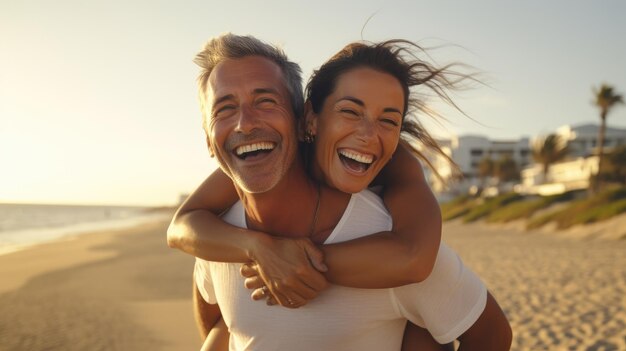 Happy middleaged couple at a beach woman hugging man from behind