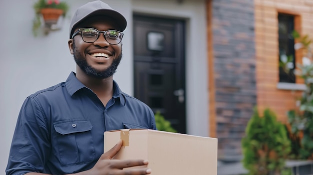 Happy Millennial African American Courier Shows a happy millennial African American guy