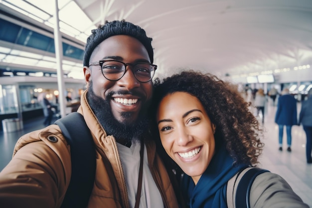 Happy millennial multiethnic tourists couple taking selfie in airport terminal Cheerful male and female travelers starting their journey Trip blog social network for travel vacation together