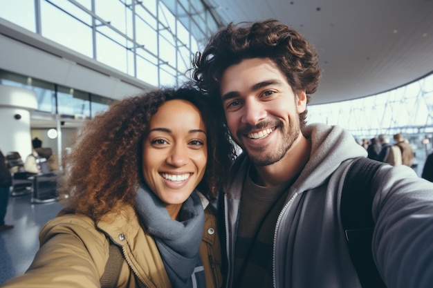 Happy millennial multiethnic tourists couple taking selfie in airport terminal cheerful male and