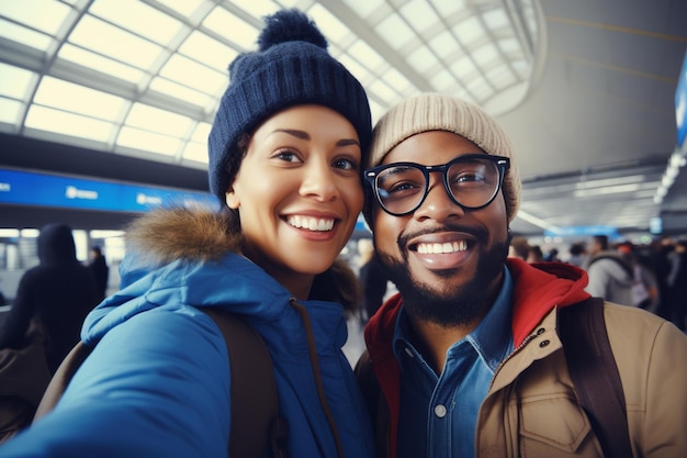 Happy millennial multiethnic tourists couple taking selfie in airport terminal cheerful male and