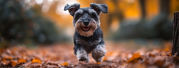 Happy miniature schnauzer running through autumn leaves