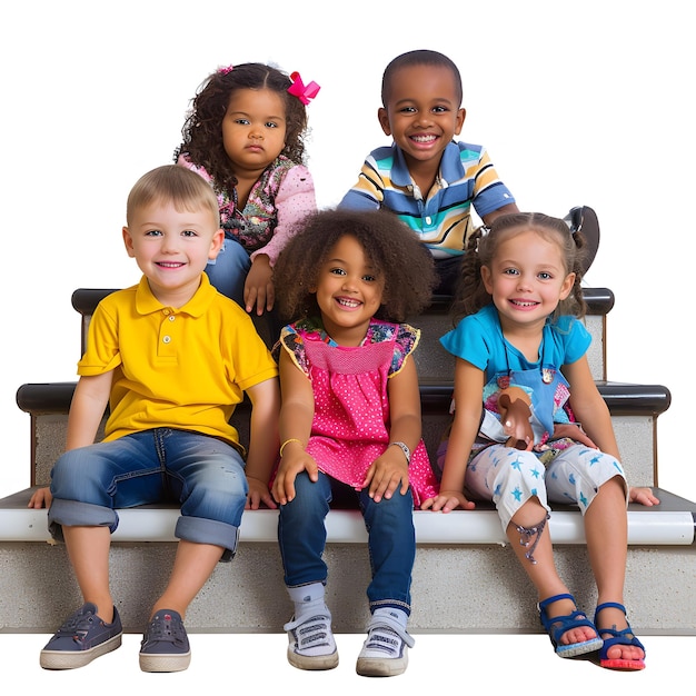 happy mixed race school kids sitting together on staircase isolated on white background vintage