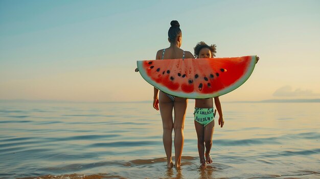 happy modern mother and child in swimwear on the seashore in the evening having fun Generative AI