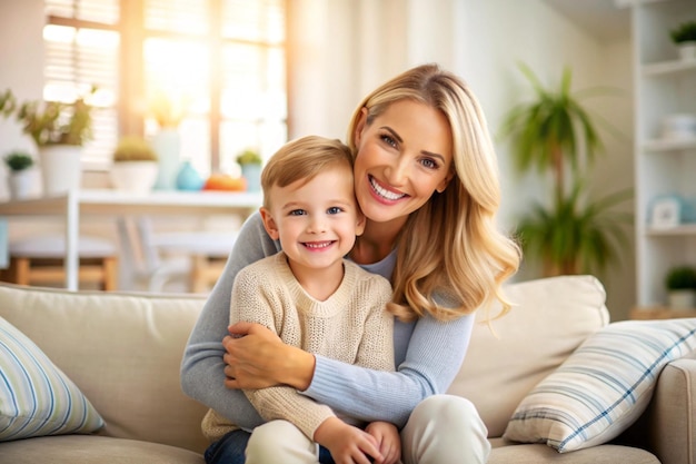 happy mom and kid on indoor home with blank space for text