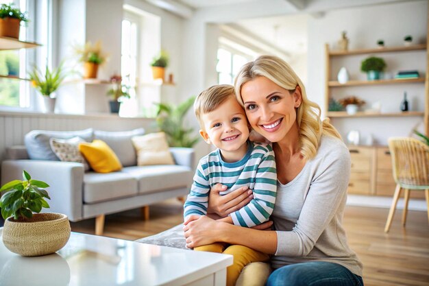 happy mom and kid on indoor home with blank space for text