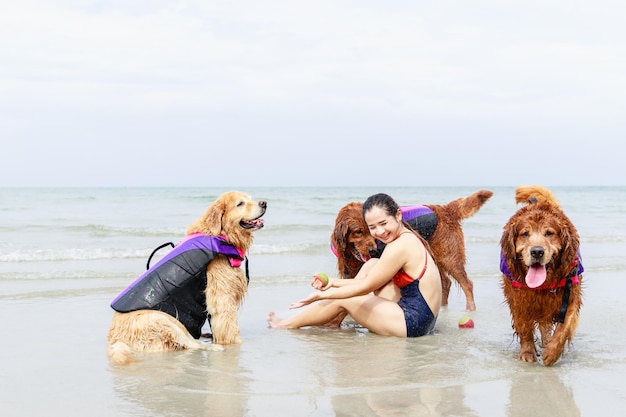 Happy moment of Friendly dog with girl on the tropical beach