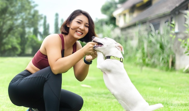 Happy moment of woman and dog at home