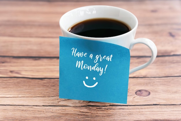 Happy Monday Greeting on sticky note on coffee cup