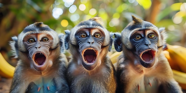 Photo happy monkeys with bananas mouths open in surprise concept animal photography wildlife portraits primate behavior