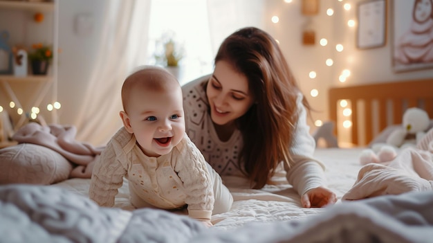 happy mother and baby on the bed in the morning in the bedroom