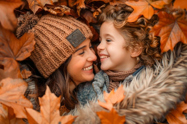 Happy Mother and Child Enjoying Autumn Season Surrounded by Colorful Fall Leaves