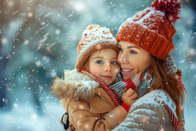 Happy Mother and Child Enjoying a Snowy Day Together Outside Wearing Warm Winter Clothes