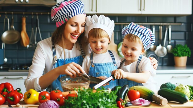 Happy mother and children in the kitchen Healthy