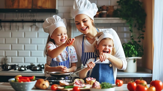 Happy mother and children in the kitchen Healthy