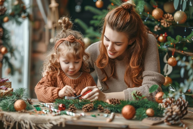 Happy Mother and Daughter Bonding While Crafting Christmas Decorations at Home