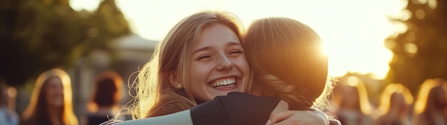 Photo happy mother and daughter hugging on graduation day family love and achievement generative ai