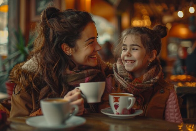 Happy mother and daughter sharing a laugh over cof