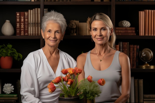 Happy mother and daughter smiling joyfully near colorful flowers