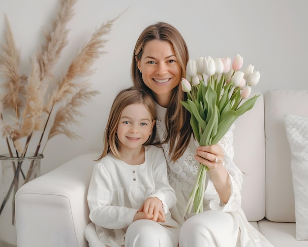 Happy mother and daughter with tulips bouquet sitting on couch at home