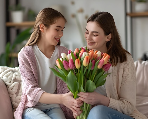 Happy mother and daughter with tulips bouquet sitting on couch at home