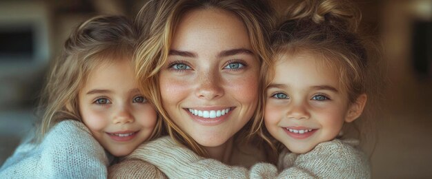 Happy Mother and Daughters Smiling Together