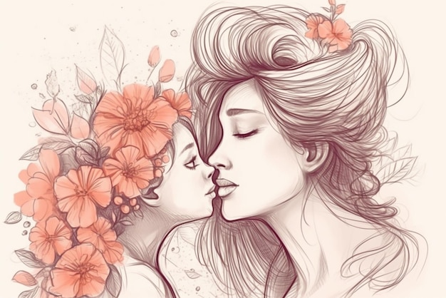 Happy mother day Beautiful mother with her daughter on a floral background illustration