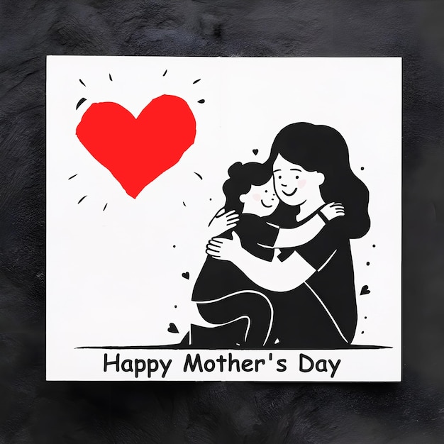 Happy Mother day card illustration design mom hugs her child in black and white generative ai