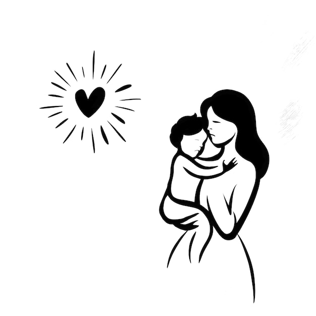 Happy Mother day card illustration design mom hugs her child in black and white generative ai