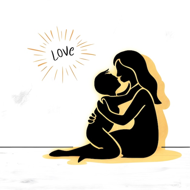 Happy Mother day card illustration design mom hugs her child in black and white generative ai