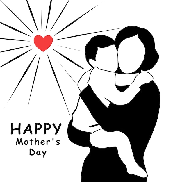 Happy Mother day card illustration design mom hugs her child in black and white generative ai