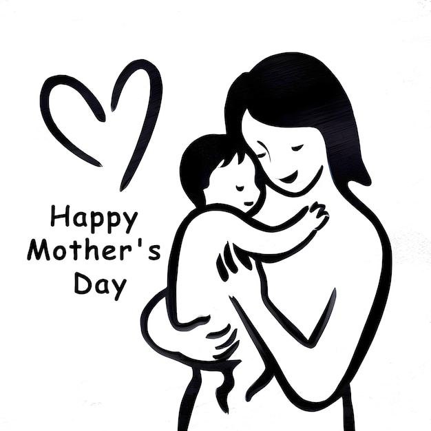 Happy Mother day card illustration design mom hugs her child in black and white generative ai