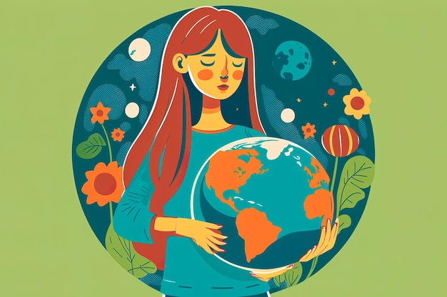 Happy Mother Earth Day girl holding the planet Generative AI