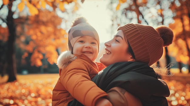 Happy mother and son in the autumn park The concept of a happy family