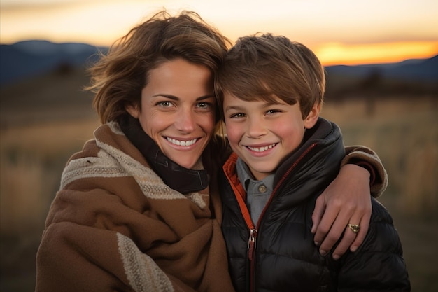 Photo happy mother and son having fun together outdoors in summer with copy space for text mothers day