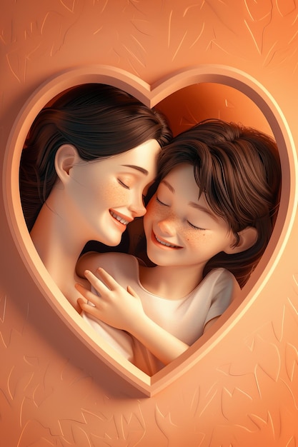 Happy mother and son in heartshaped frame Love and togetherness 3D render