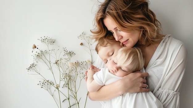 Photo happy mother with her infant child posing isolated over light background