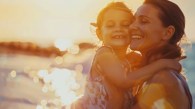 Happy mother with her little daughter having fun together on the beach playing and h Generative AI