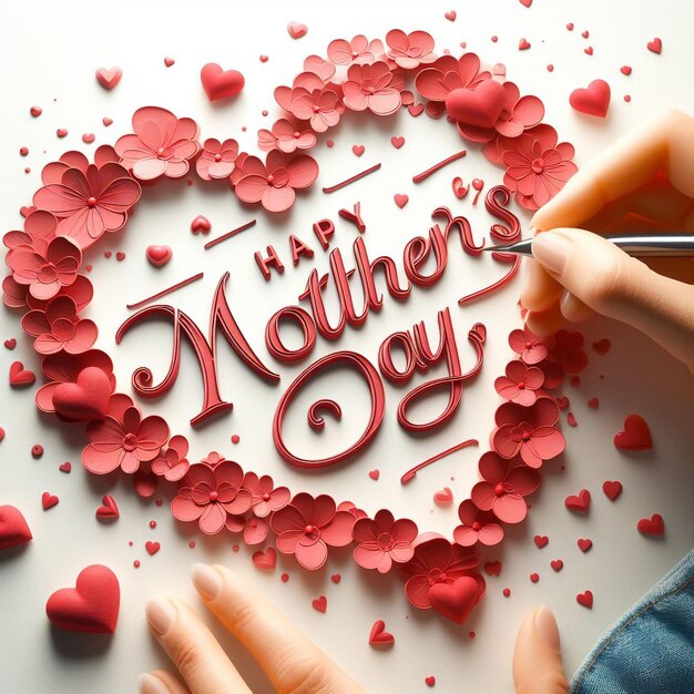 Photo happy mothers day beautiful design on white background 3d red heart and red flower about mothers